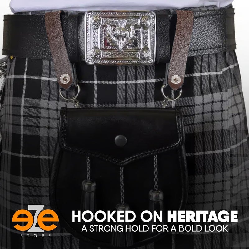EZE Sporran Hangers Suspenders Straps- Pair Of Celtic Embossed & Plain Genuine Leather Suspenders with Metal D-Ring & Hook - Image 3